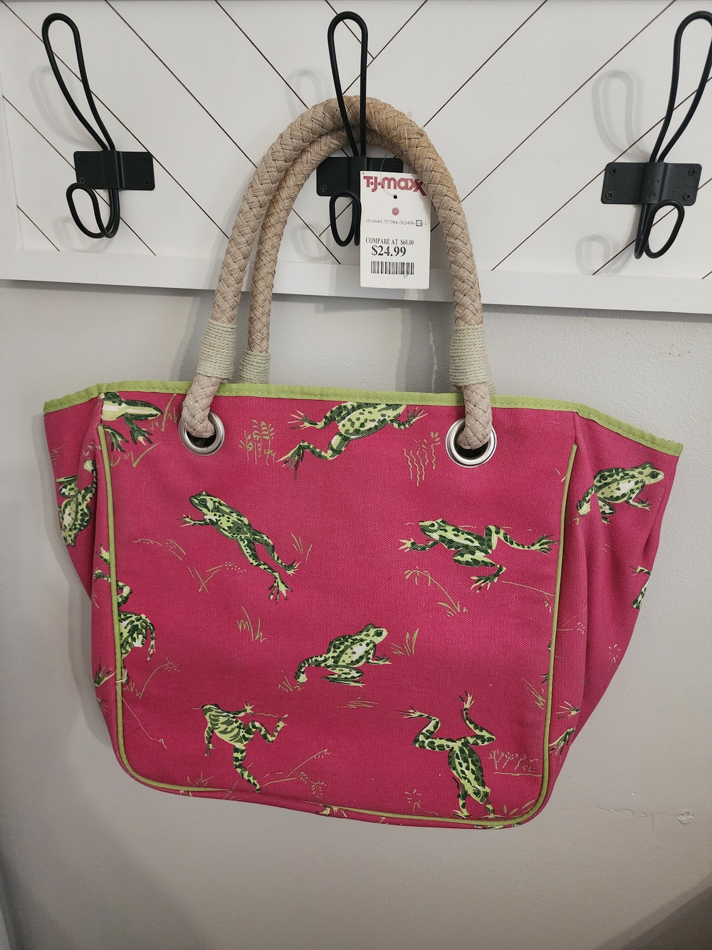 Vintage Pink Frog-Print Canvas Tote with Braided Rope Handles